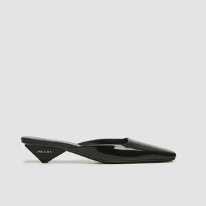 NWT Prada Slip-on Mules Black Patent Leather Square Toe Triangular Kitten Heels
